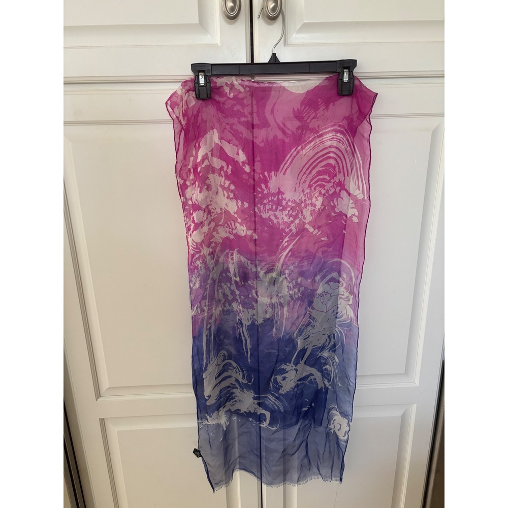 Vintage Made in Italy All Silk Ombre Pink Blue Abstract Print Scarf Wrap Fringe